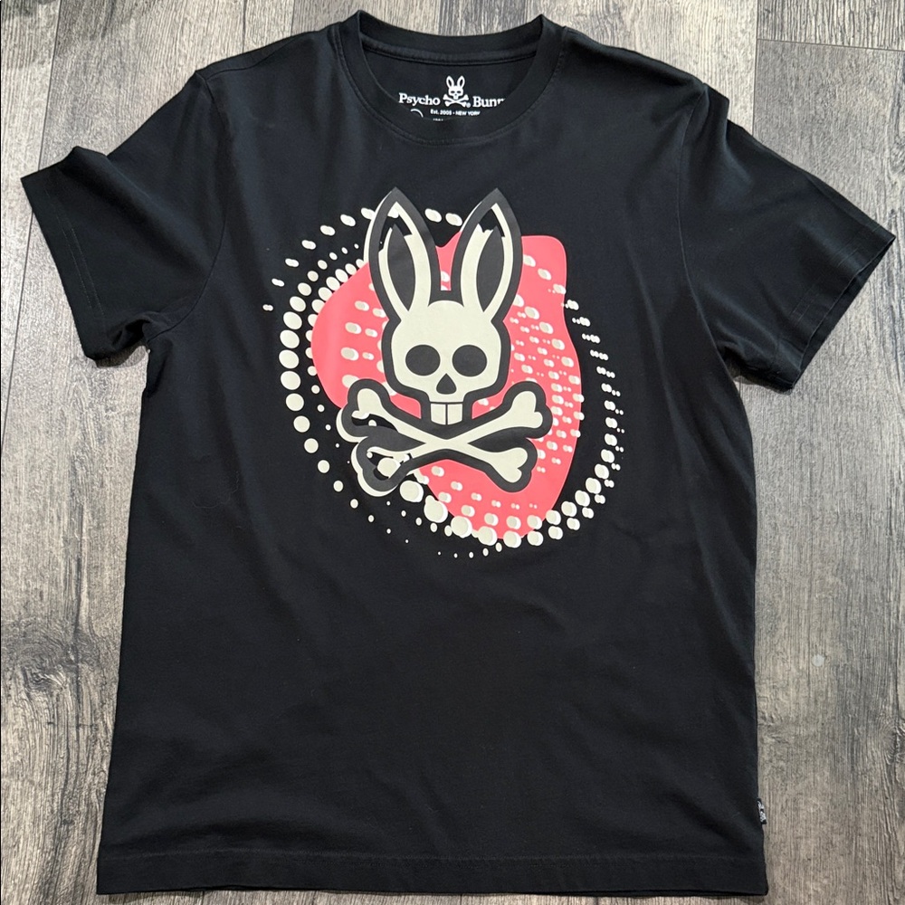 Psycho Bunny Black Tee with Pink and Cream Skull Logo